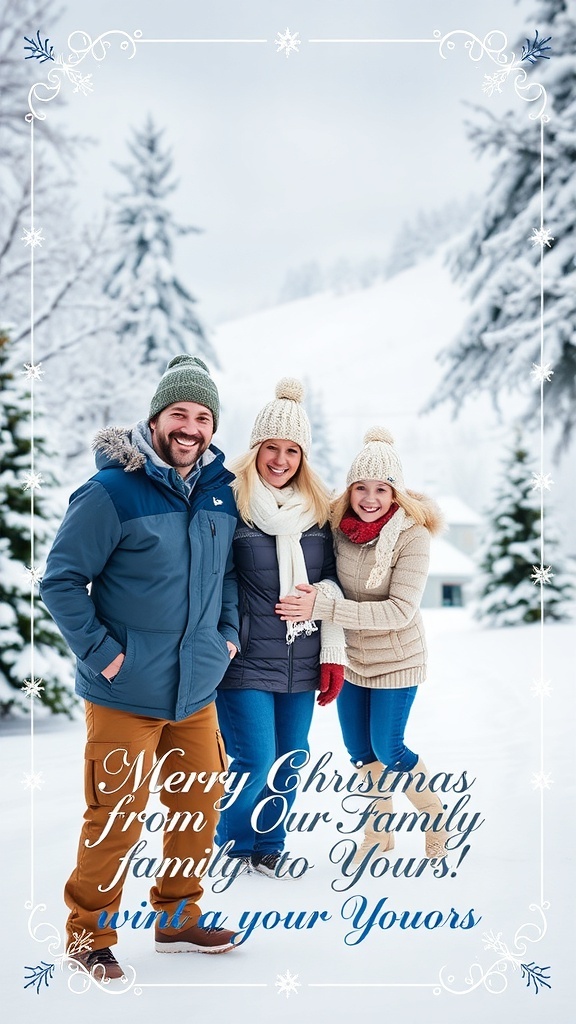 A Christmas card with a family photo in a winter setting, decorated with festive elements.